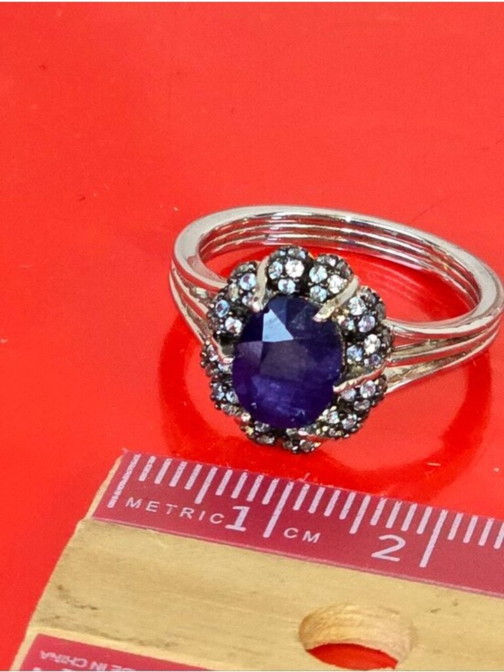 925 Sterling Silver Ring Sz 8.5 with Natural Sapphire & Cz - Picture 4 of 7